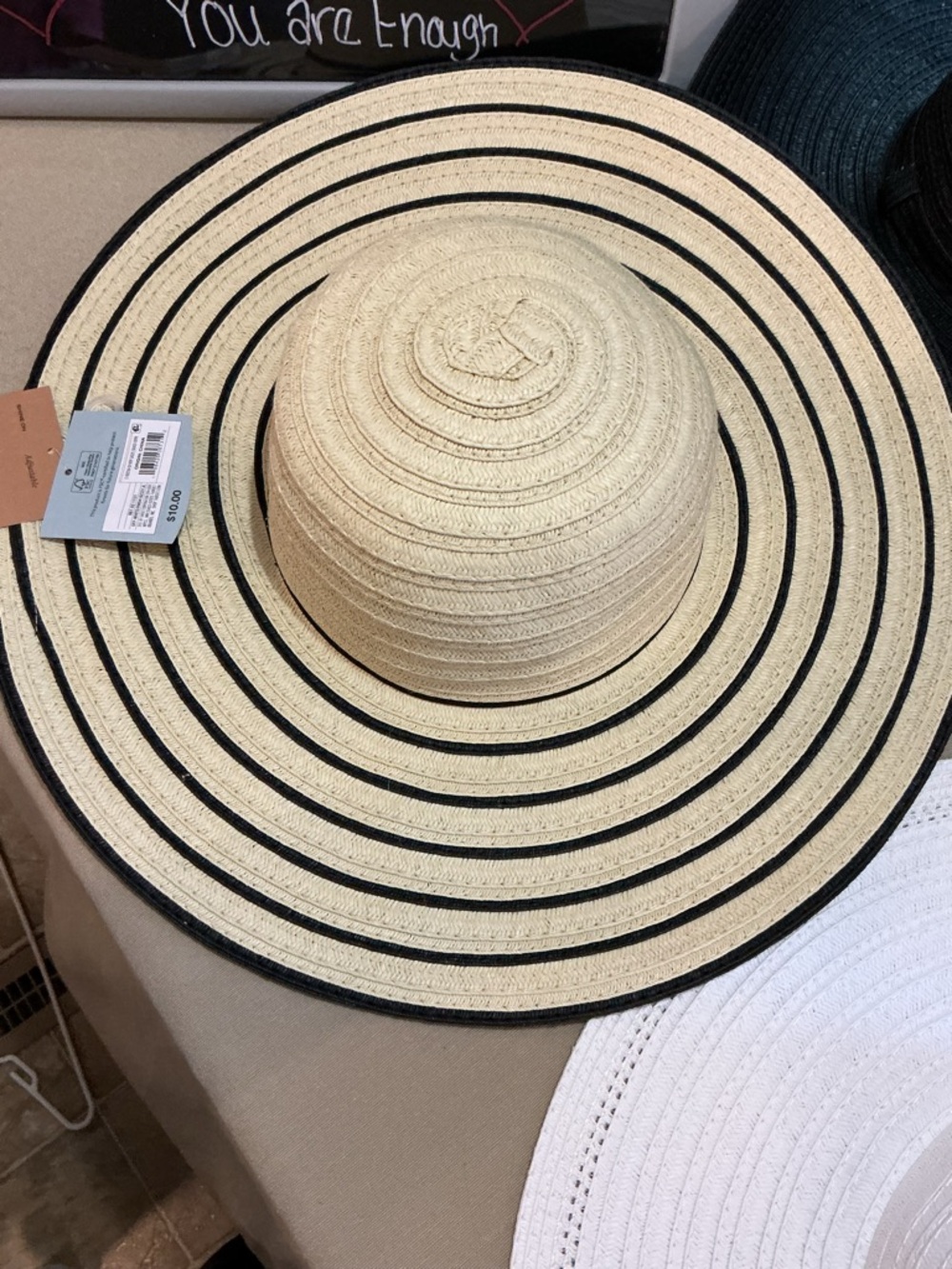 Shade & Shore Beige Straw Wide Brim Hat with Black Stripes